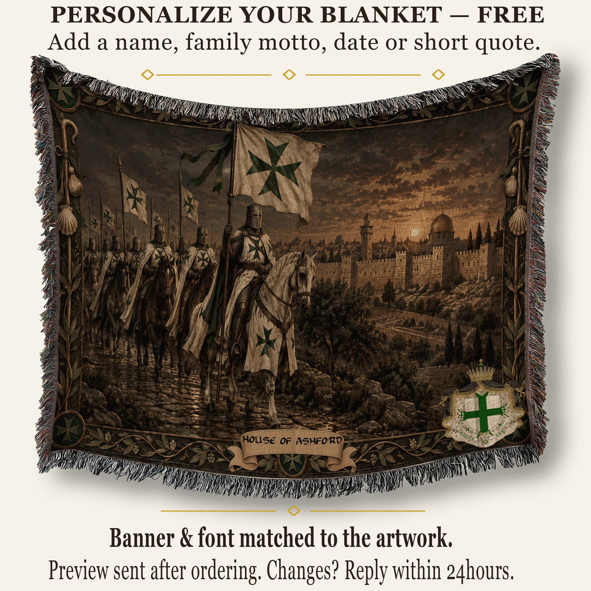 MyDesigns Saint Lazarus I Green Maltese Cross at Jerusalem jacquard woven blanket