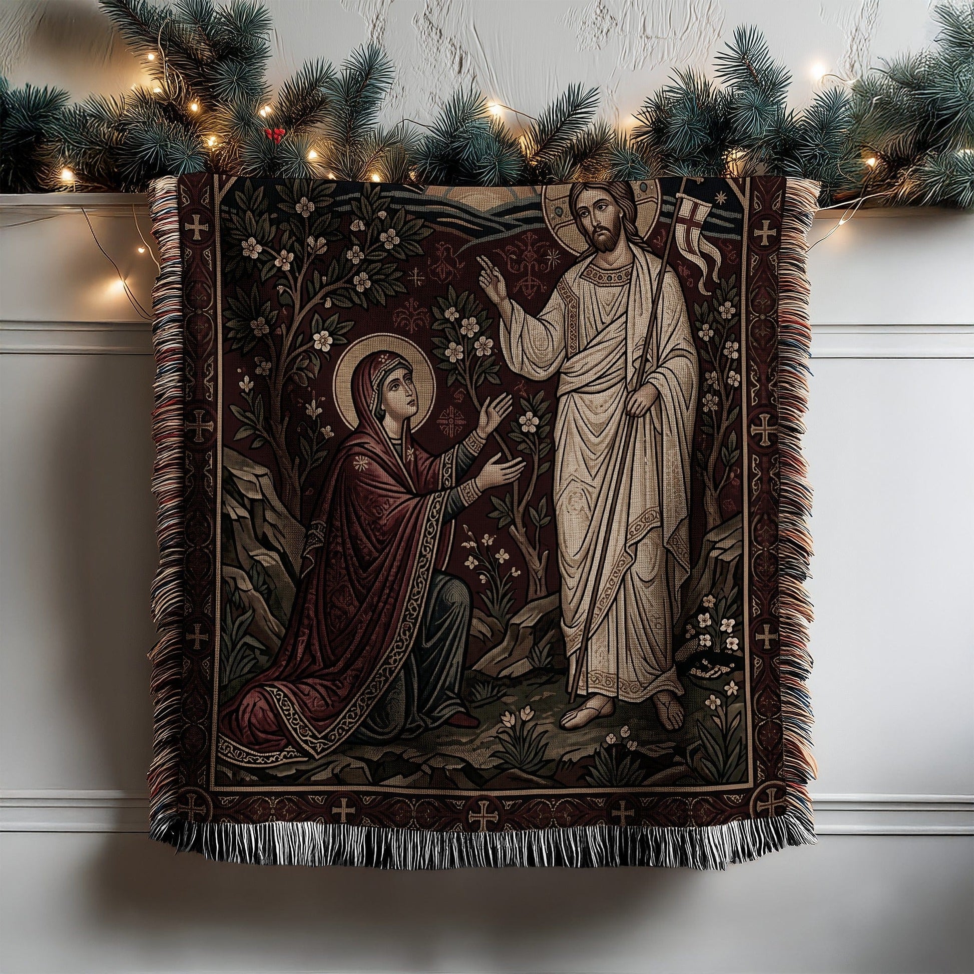 Detailed religious scene tapestry with Jesus and Mary