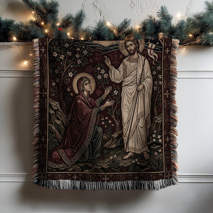 Detailed religious scene tapestry with Jesus and Mary