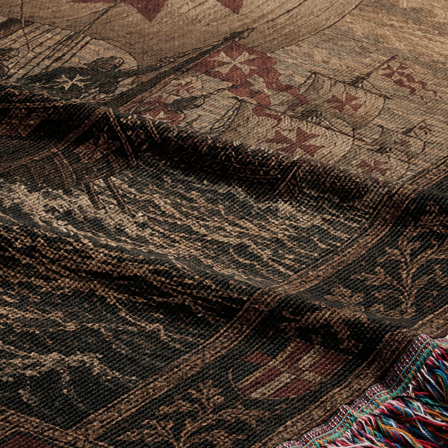 Woven tapestry with ships and knight's cross emblems, fringe detail.