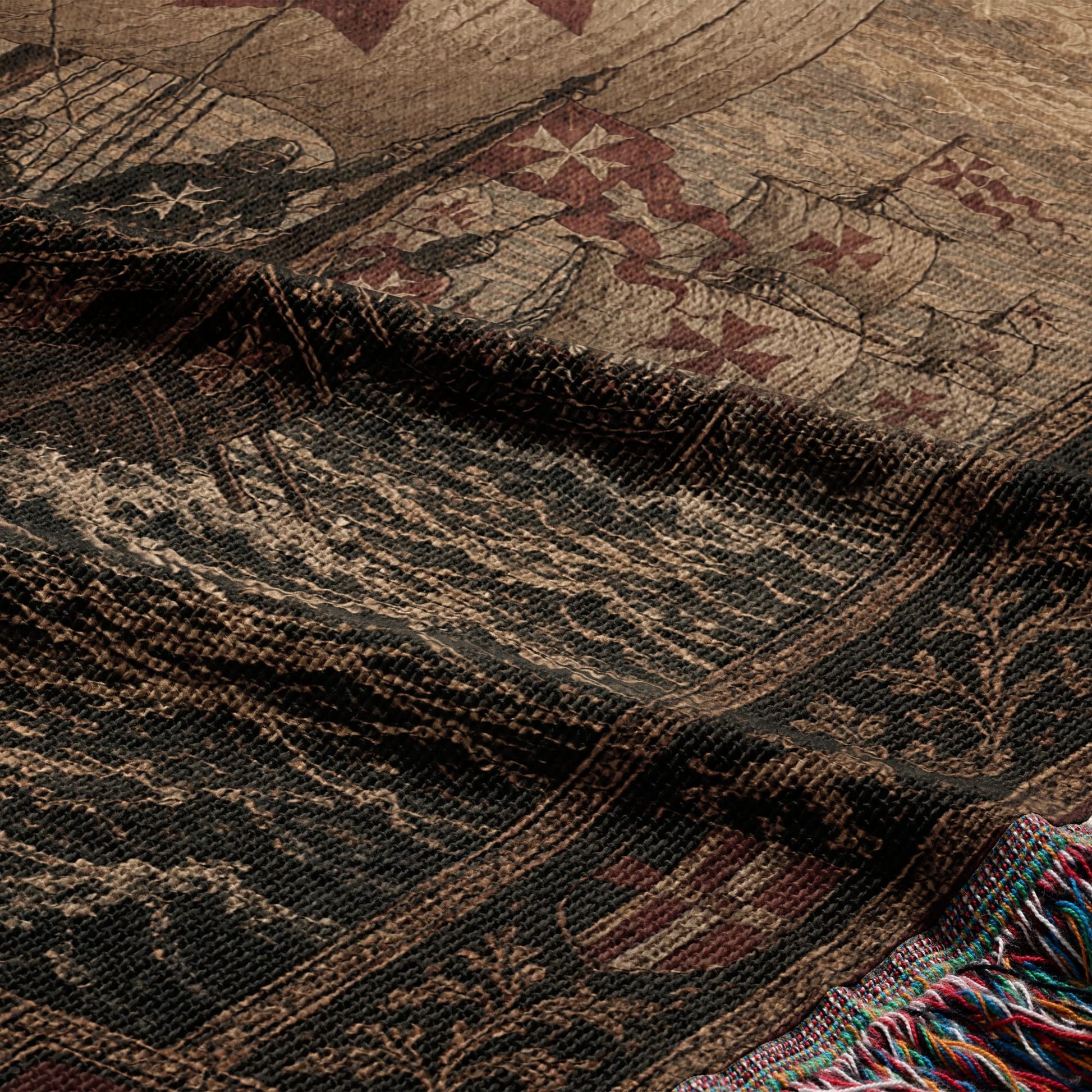 Woven tapestry with ships and knight's cross emblems, fringe detail.