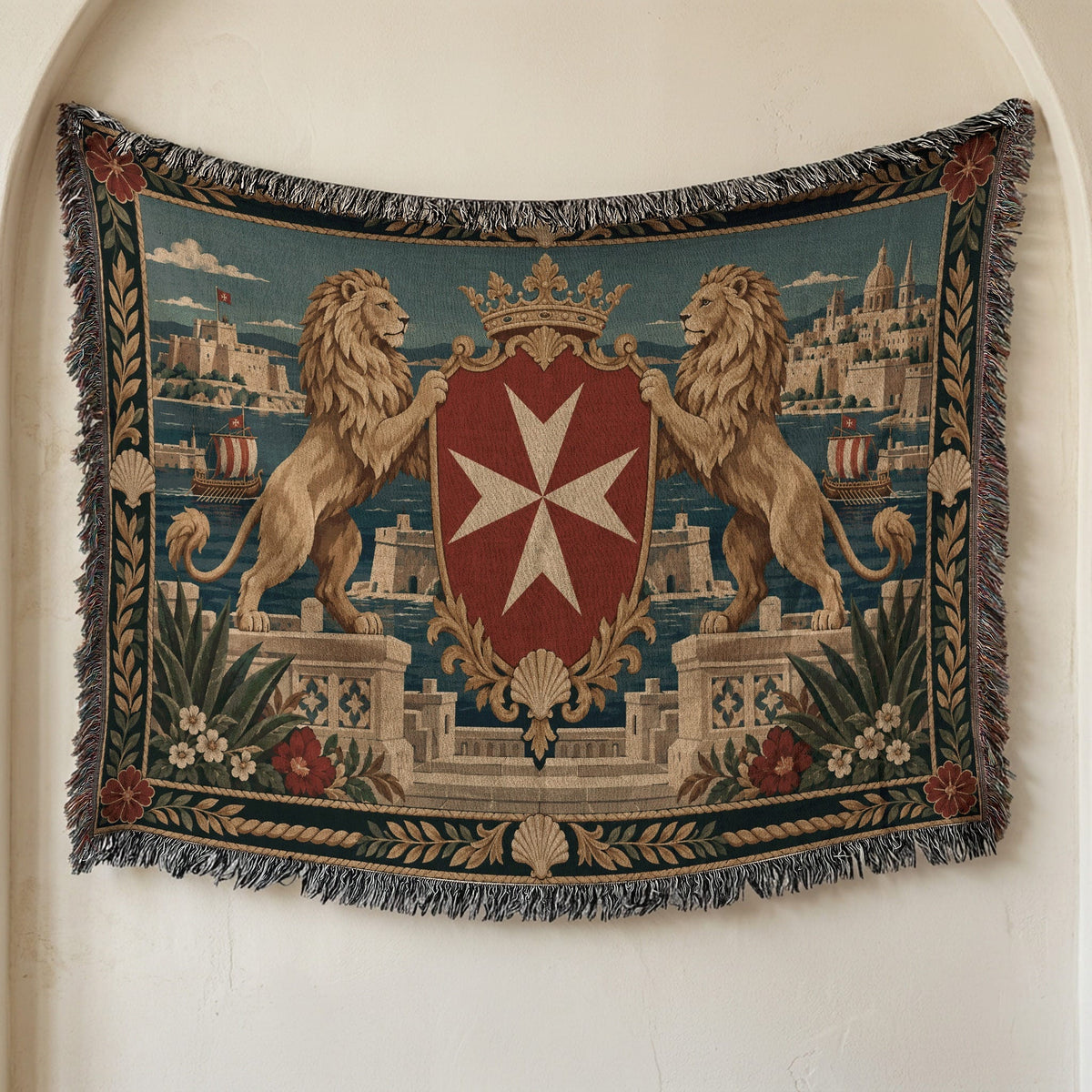 CalmNestStyle Golden Lions Crowned Shield over Valletta Woven Blanket jacquard woven blanket