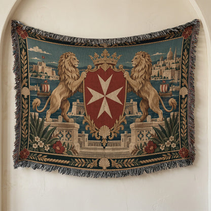 CalmNestStyle Golden Lions Crowned Shield over Valletta Woven Blanket jacquard woven blanket