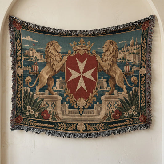 CalmNestStyle Golden Lions Crowned Shield over Valletta Woven Blanket jacquard woven blanket