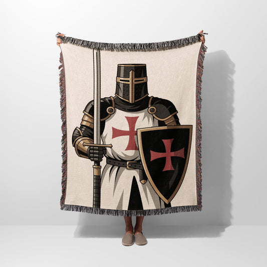 Tapestry featuring a knight in armor holding a sword and shield.