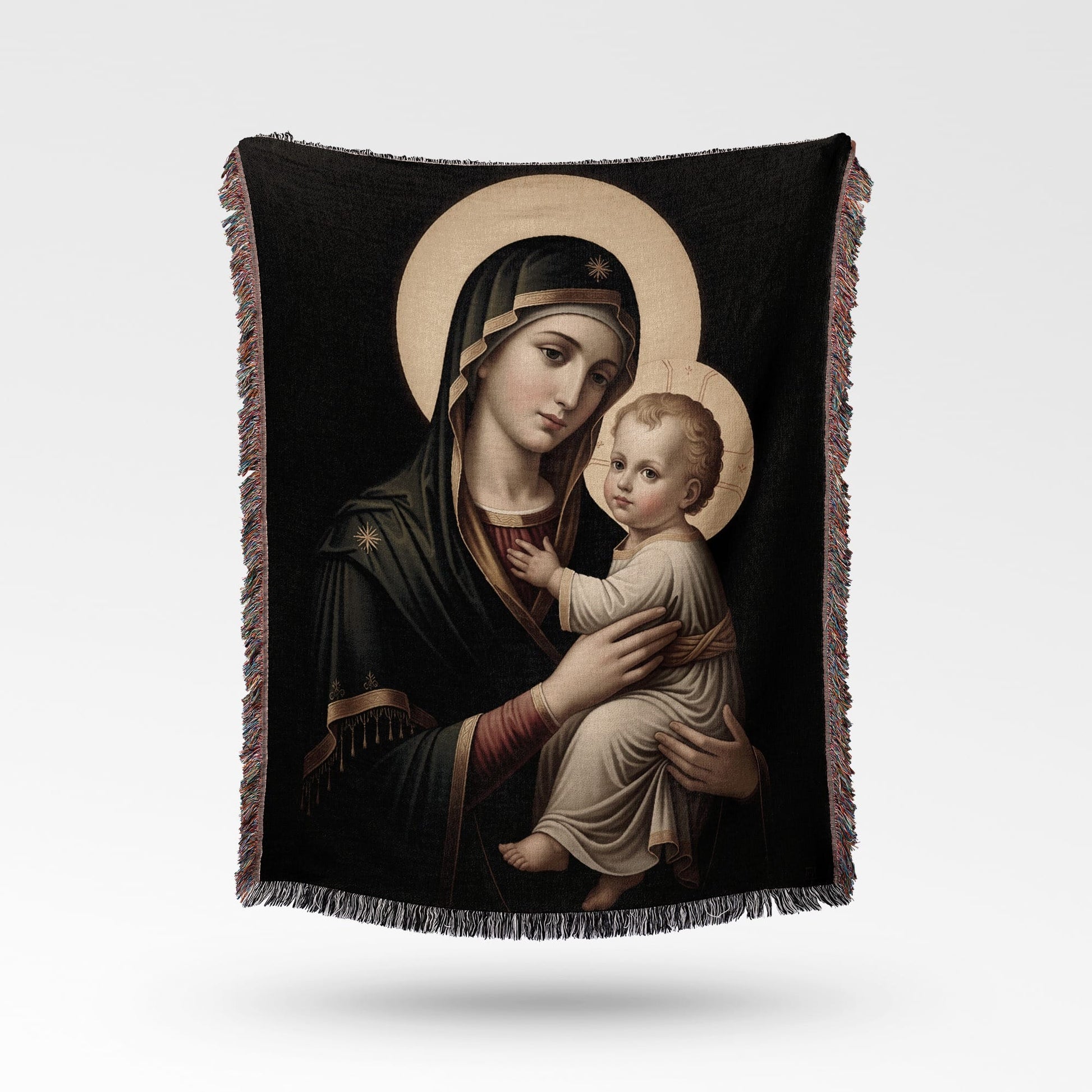 Religious tapestry depicting the Virgin Mary holding the infant Jesus.