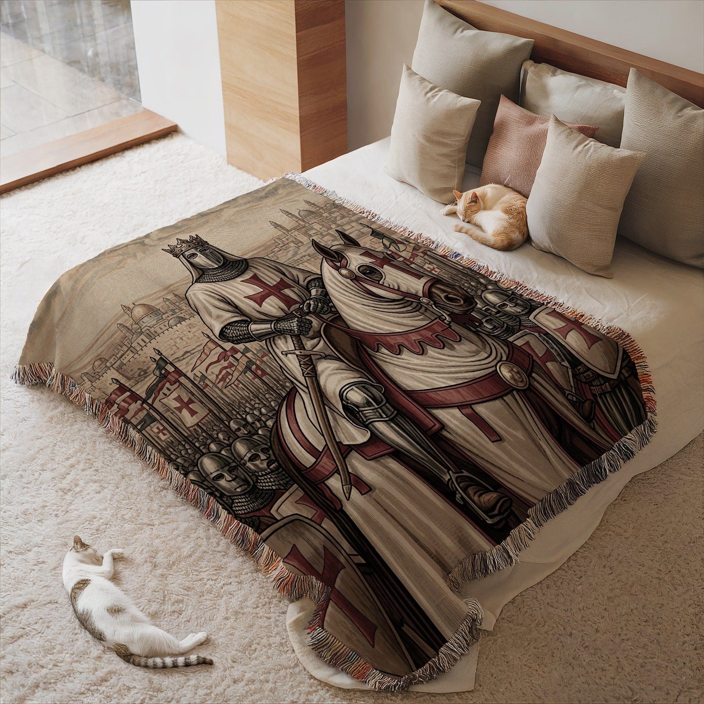 Medieval Crusader Knight Riding Horse Throw Blanket