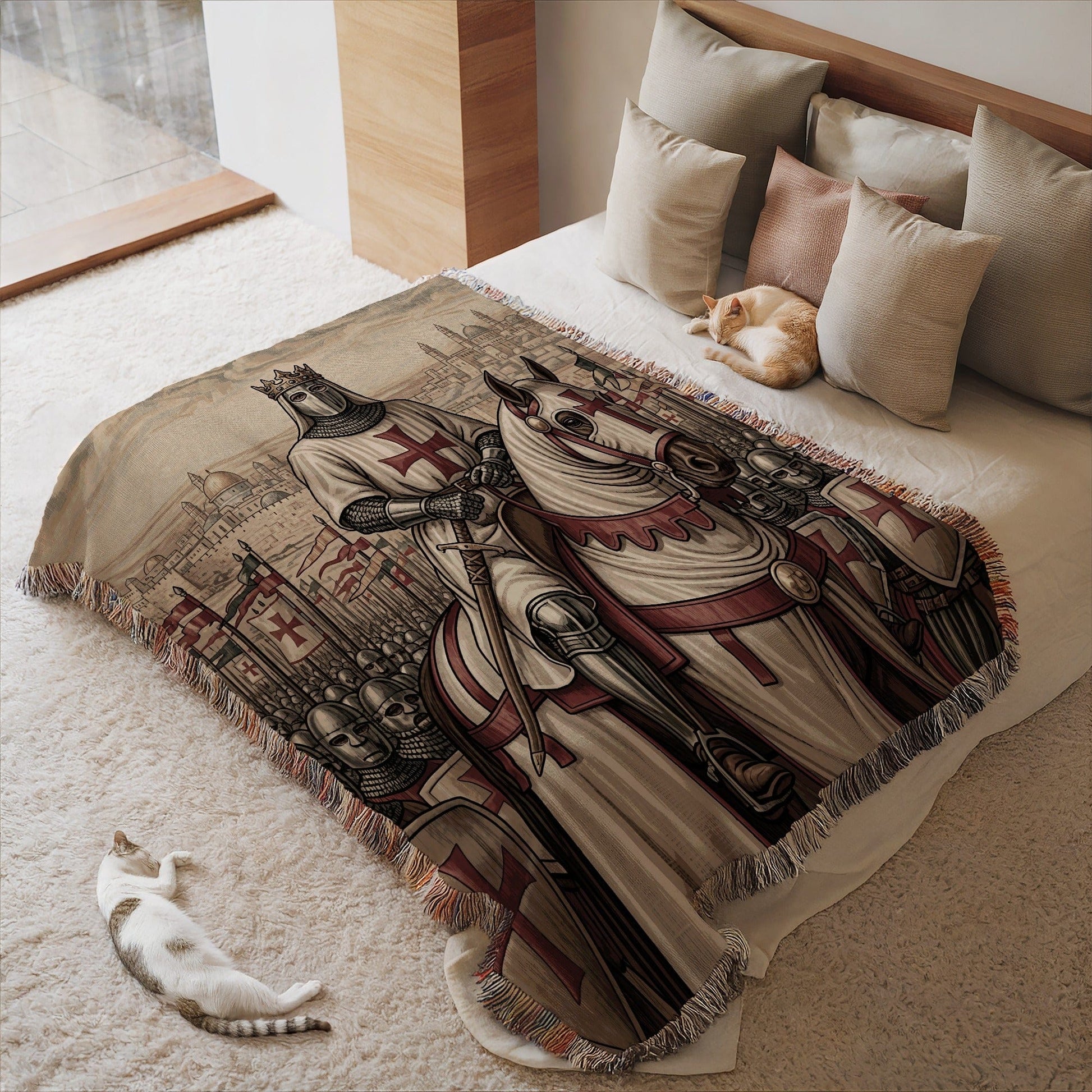 Medieval Crusader Knight Riding Horse Throw Blanket