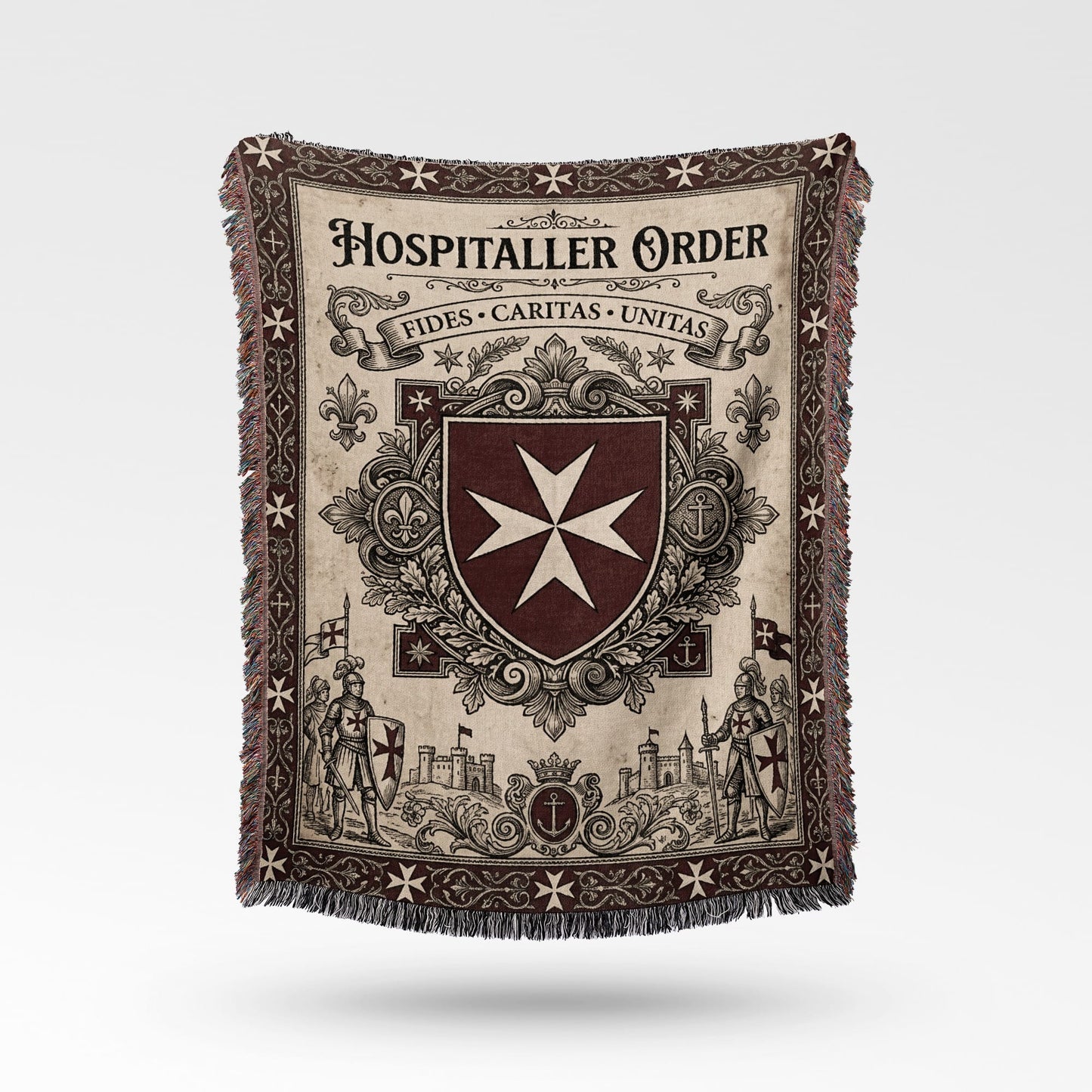 Woven blanket with "Hospitaller Order" text and historical knight illustrations.