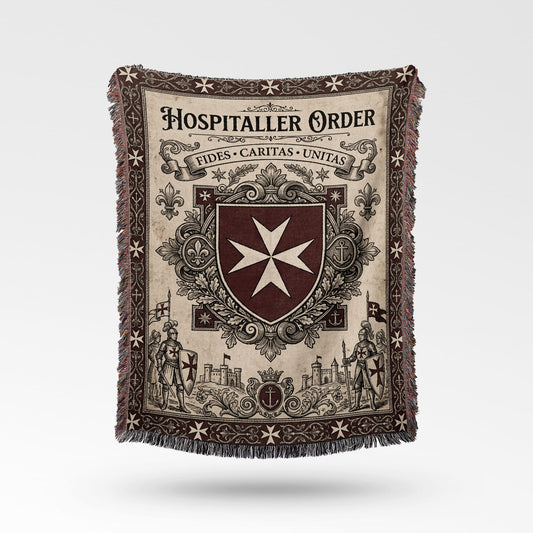 Woven blanket with "Hospitaller Order" text and historical knight illustrations.