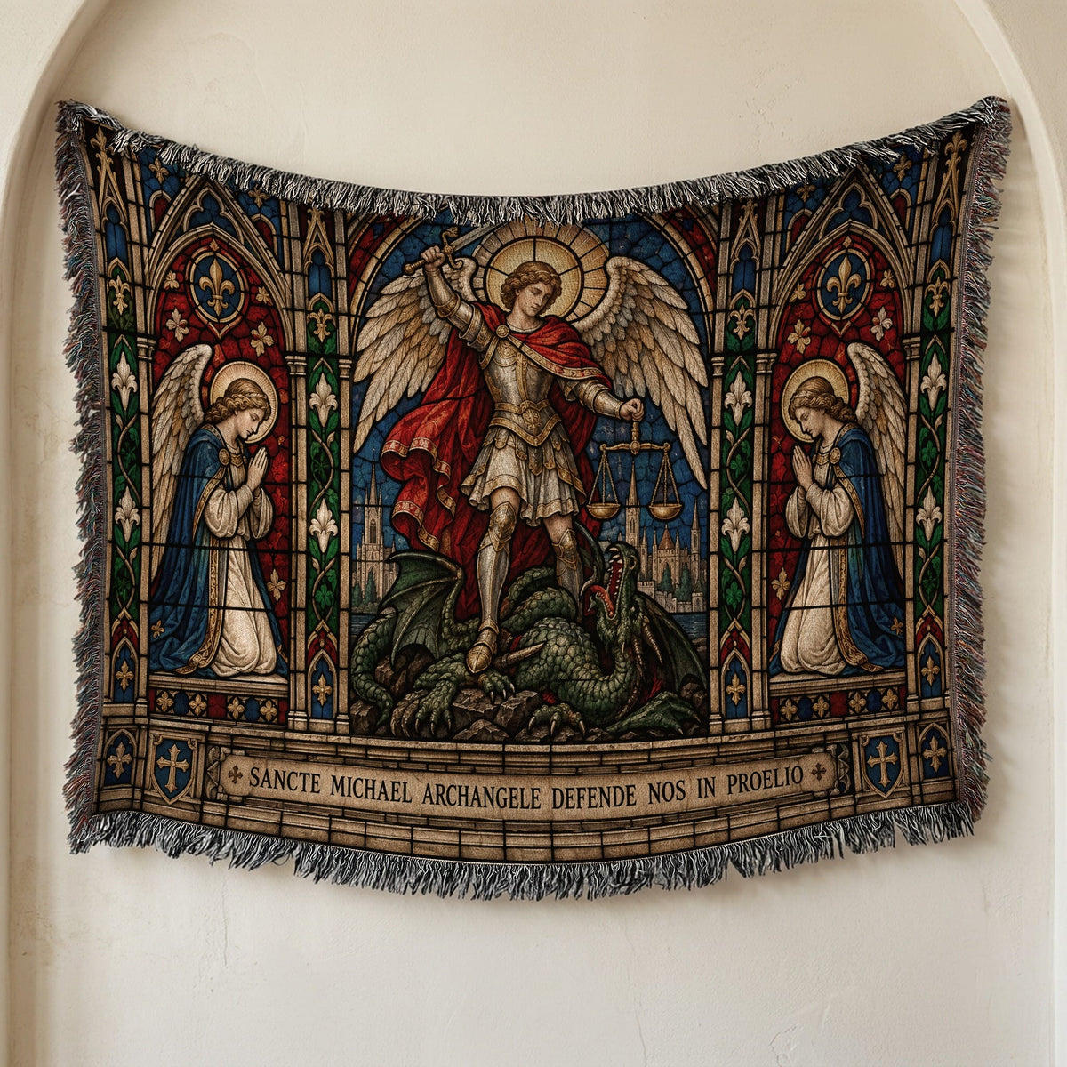 CalmNestStyle Saint Michael Stained Glass Prayer jacquard woven blanket