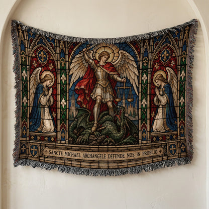 CalmNestStyle Saint Michael Stained Glass Prayer jacquard woven blanket