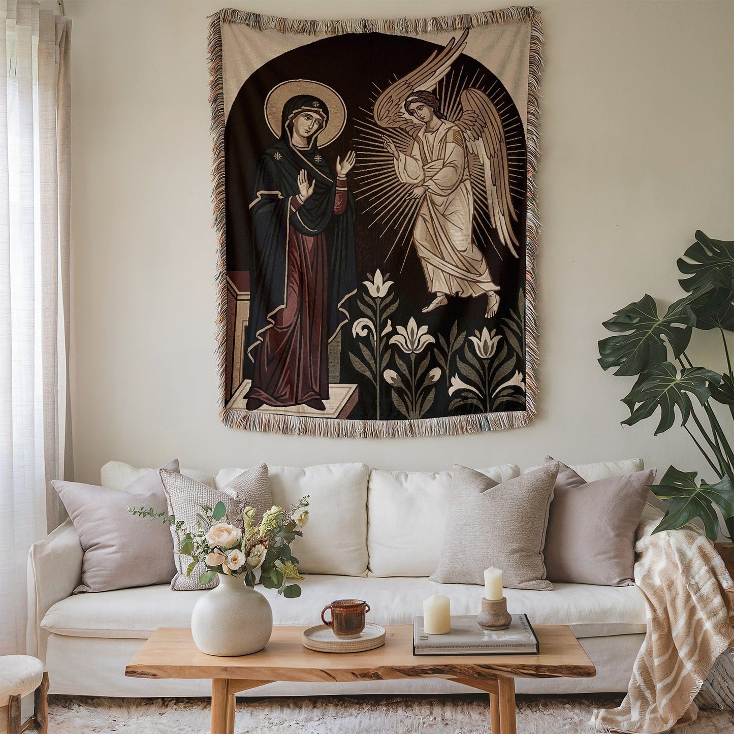 Religious Scene Wall Tapestry with Angel and Saint