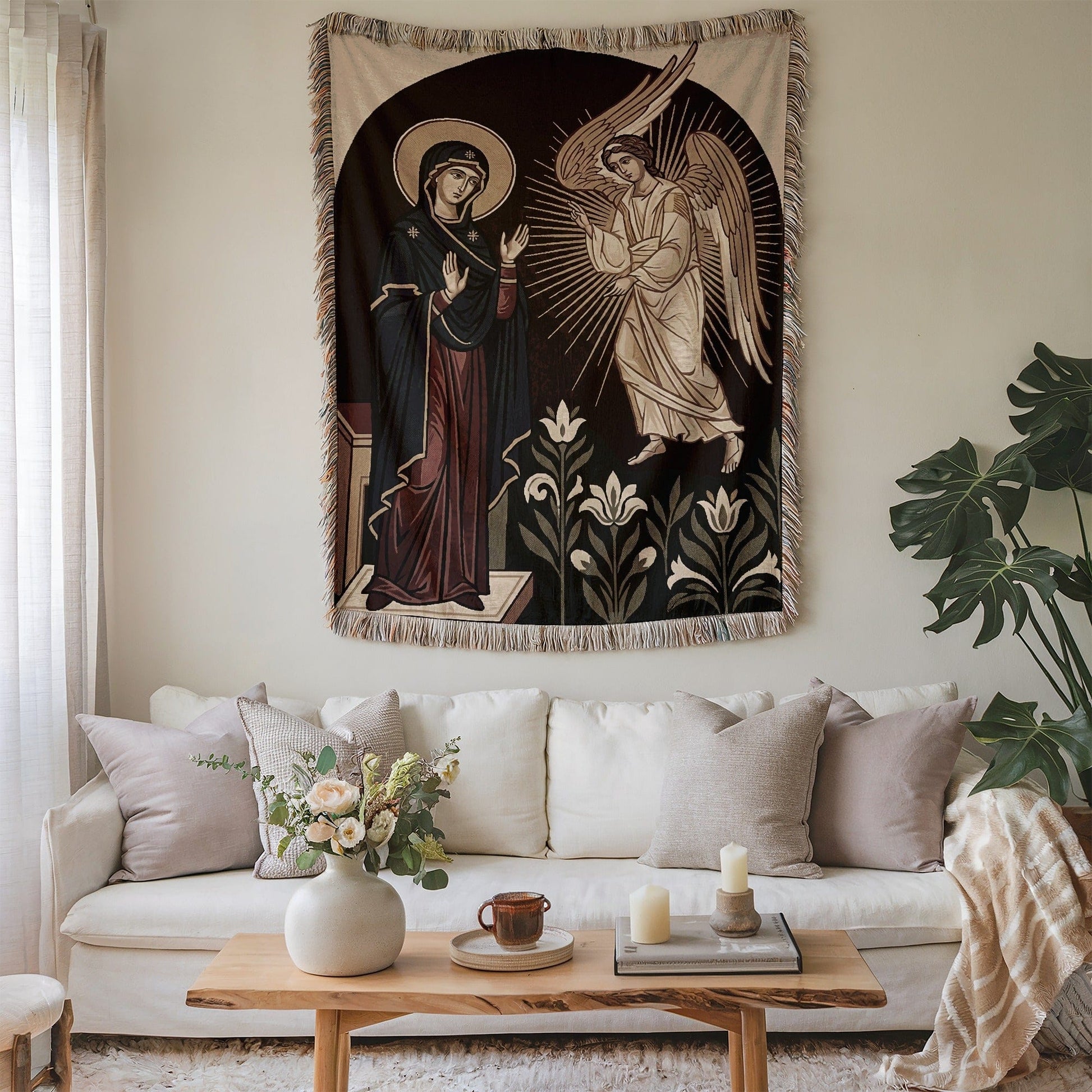 Religious Scene Wall Tapestry with Angel and Saint