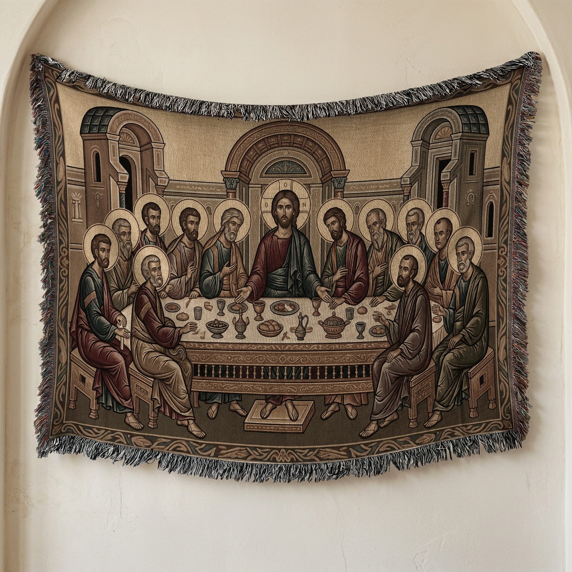 MyDesigns Warm Gold Last Supper Horizontal Tapestry - Byzantine Icon jacquard woven blanket
