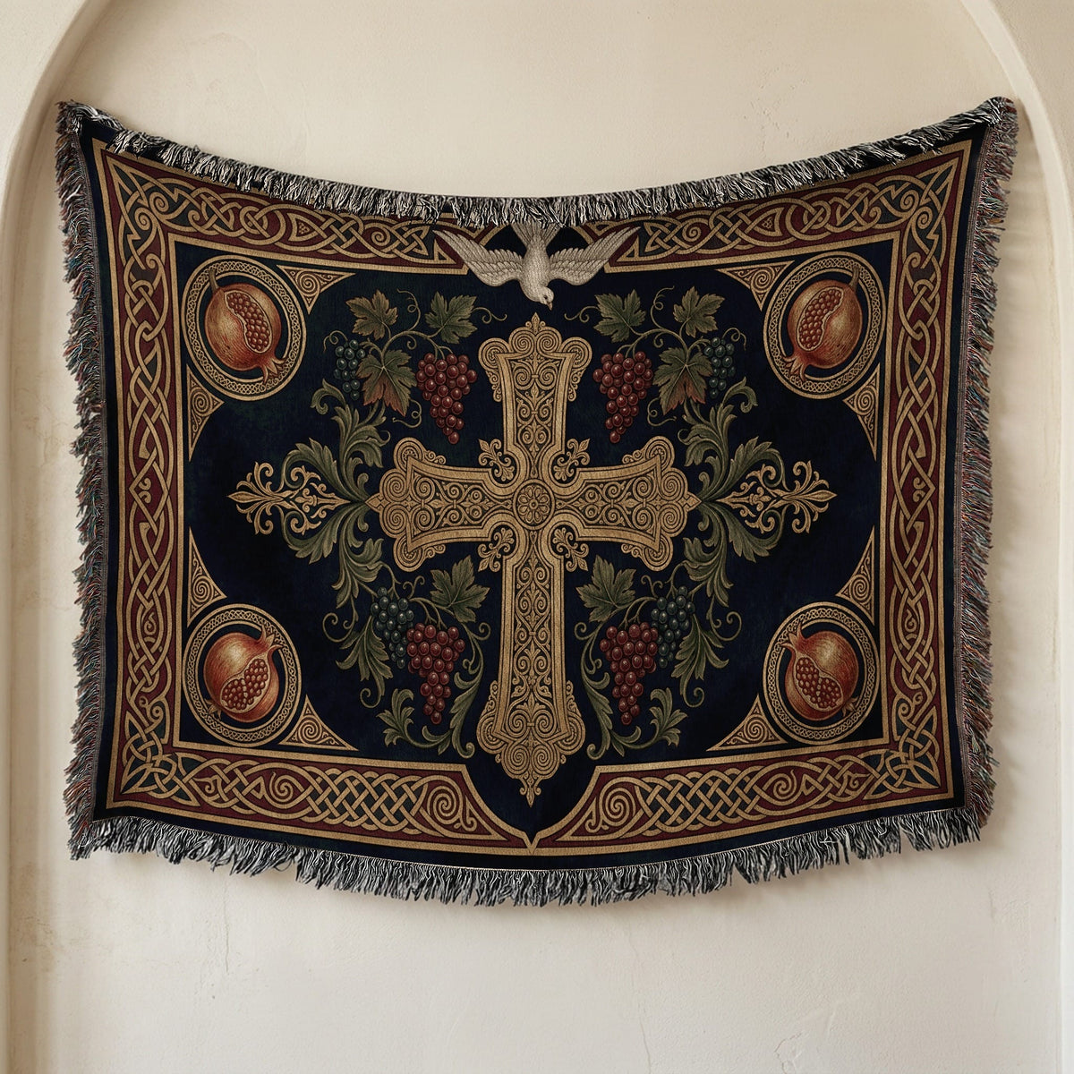 CalmNestStyle Cross with Vine and Celtic Knots jacquard woven blanket