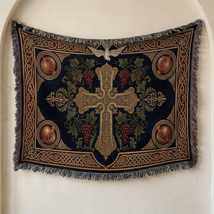 CalmNestStyle Cross with Vine and Celtic Knots jacquard woven blanket