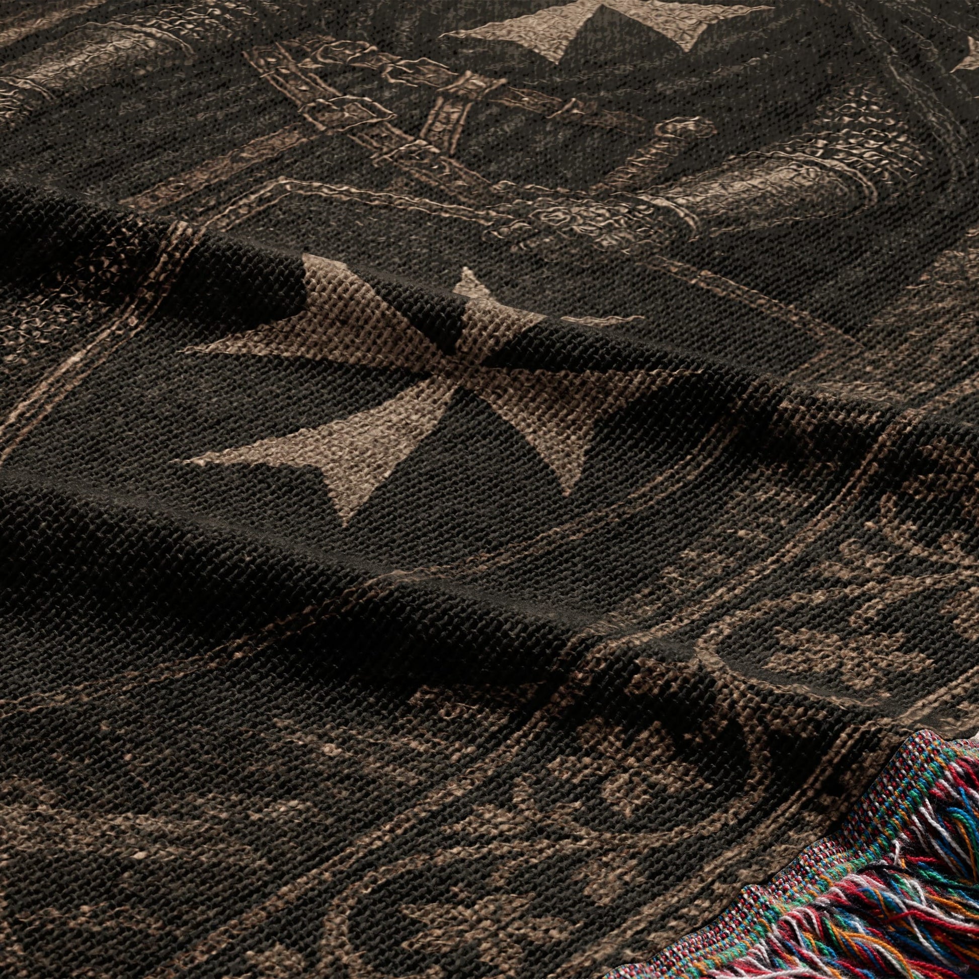 Black fabric with a taupe Maltese cross and chainmail pattern, fringed edge.