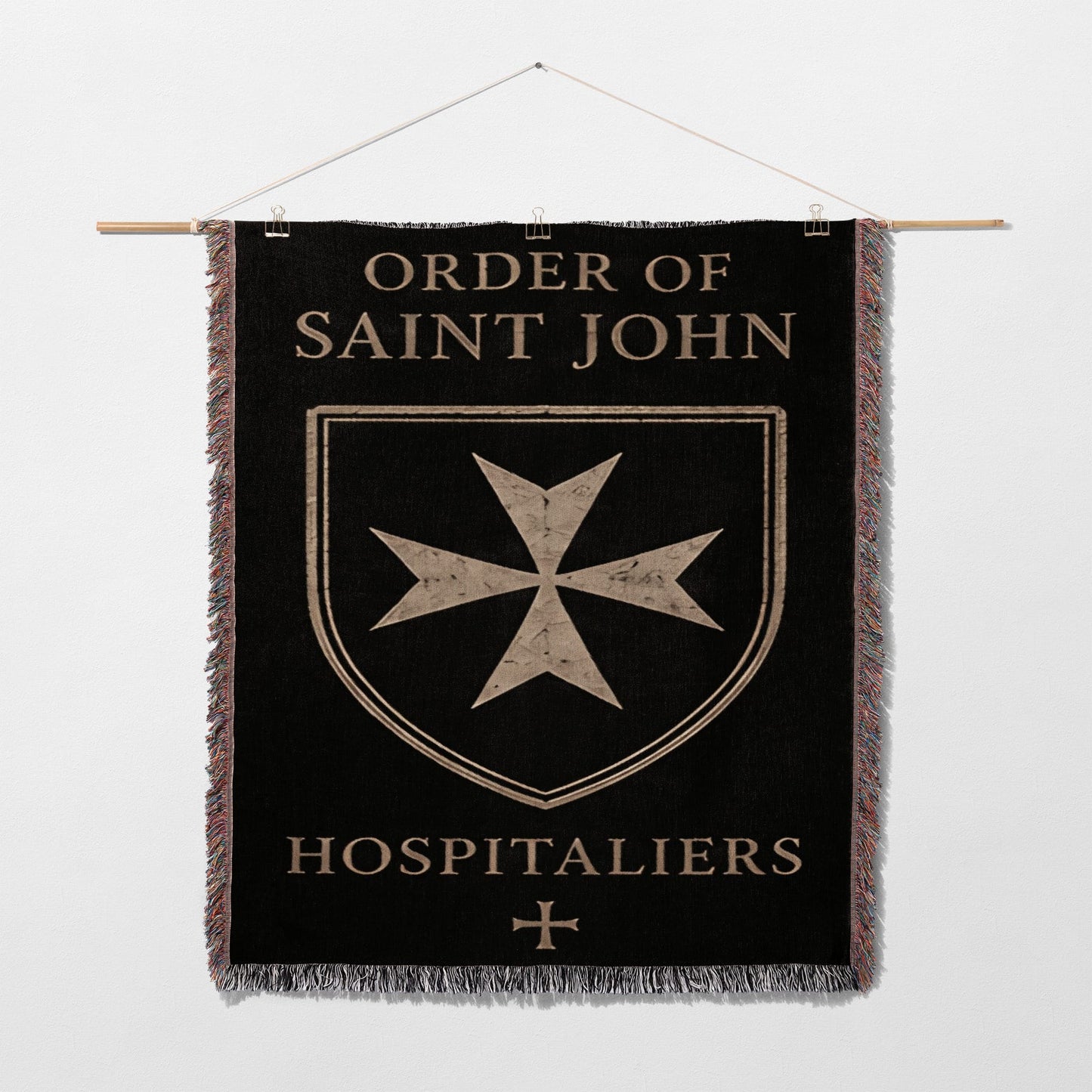 Black banner with Order of Saint John Hospitaliers text, shield, and Maltese cross.