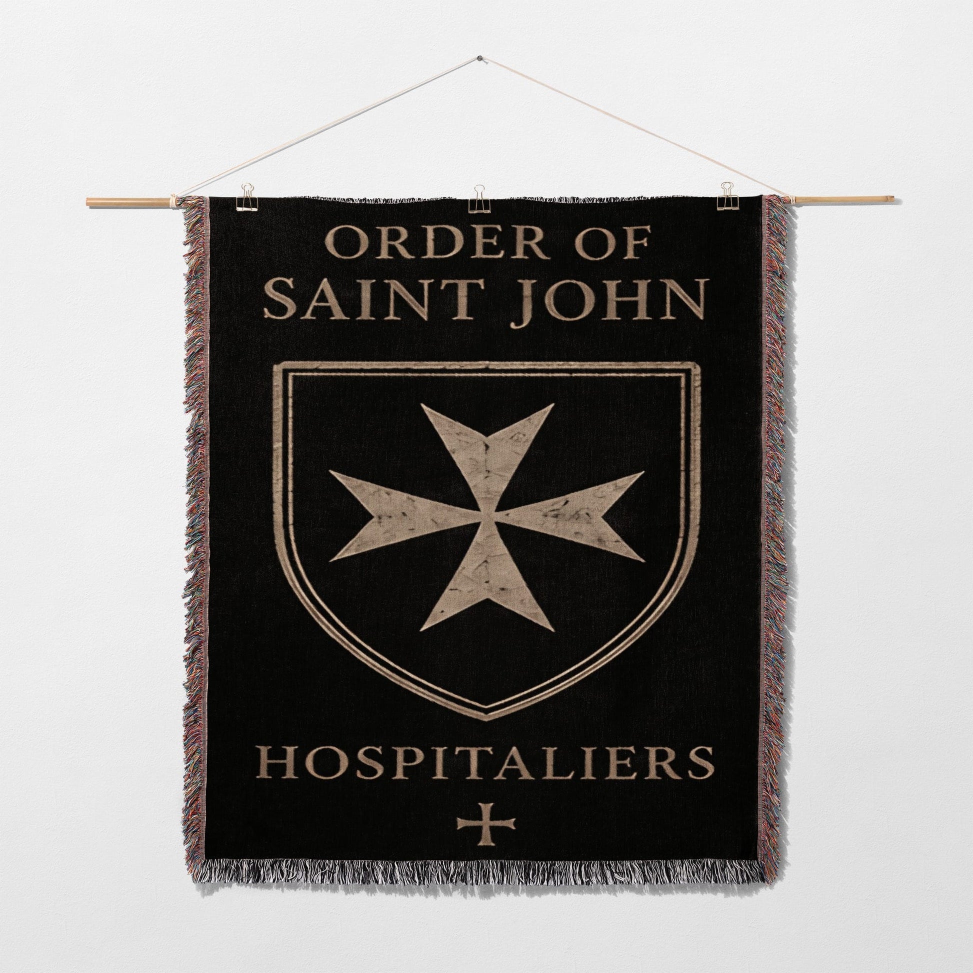 Black banner with Order of Saint John Hospitaliers text, shield, and Maltese cross.