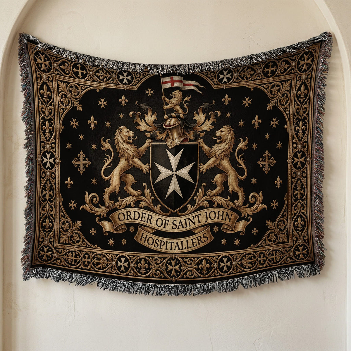 CalmNestStyle Order of Saint John Lions Crest Red Cross Banner Woven Blanket jacquard woven blanket