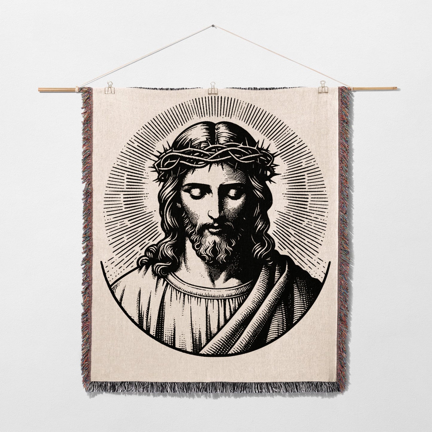 Jesus Christ wearing a crown of thorns, illuminated by a radiating halo.