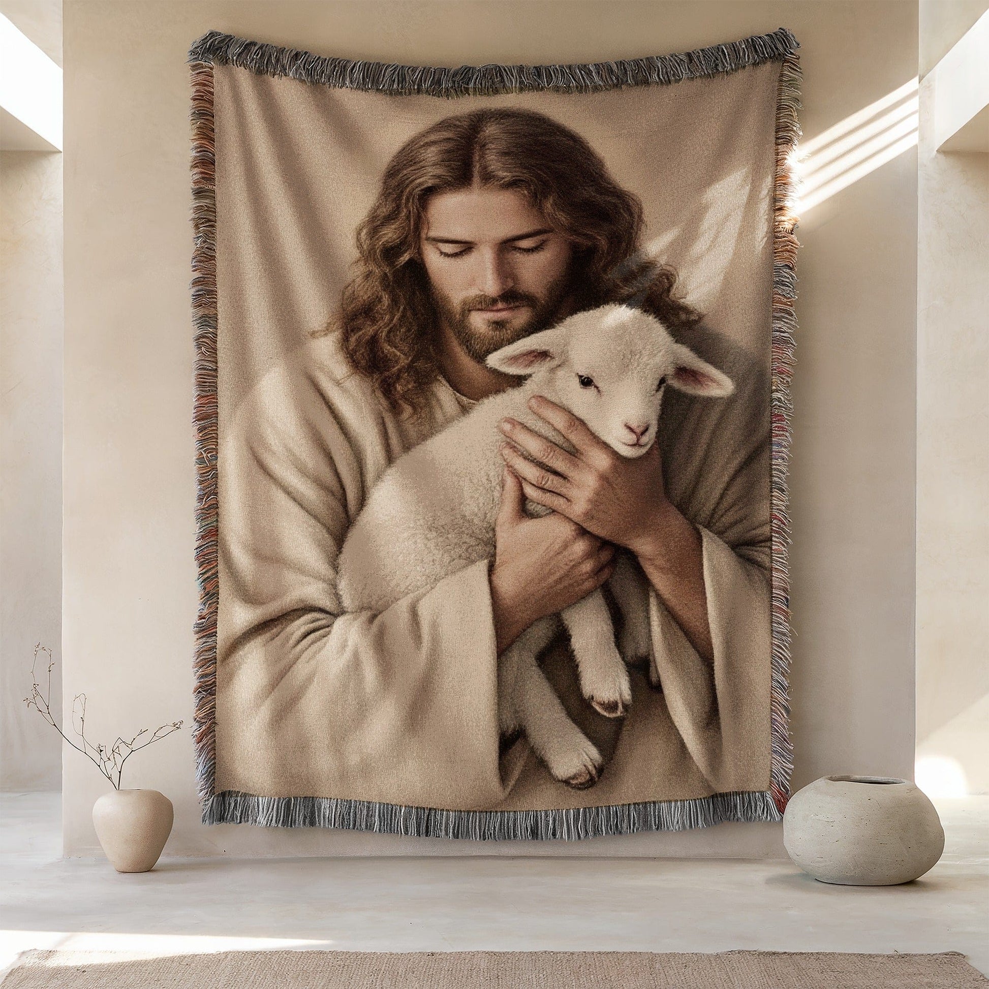 Jesus Holding Lamb Artistic Throw Blanket