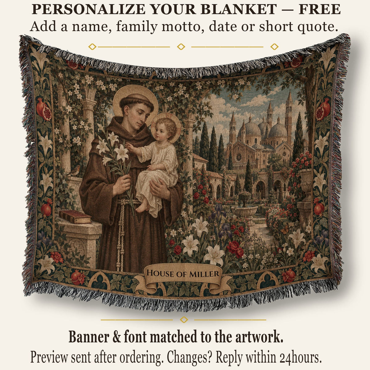 Woven tapestry blanket depicting Saint Anthony holding the Christ Child before a cathedral and garden.