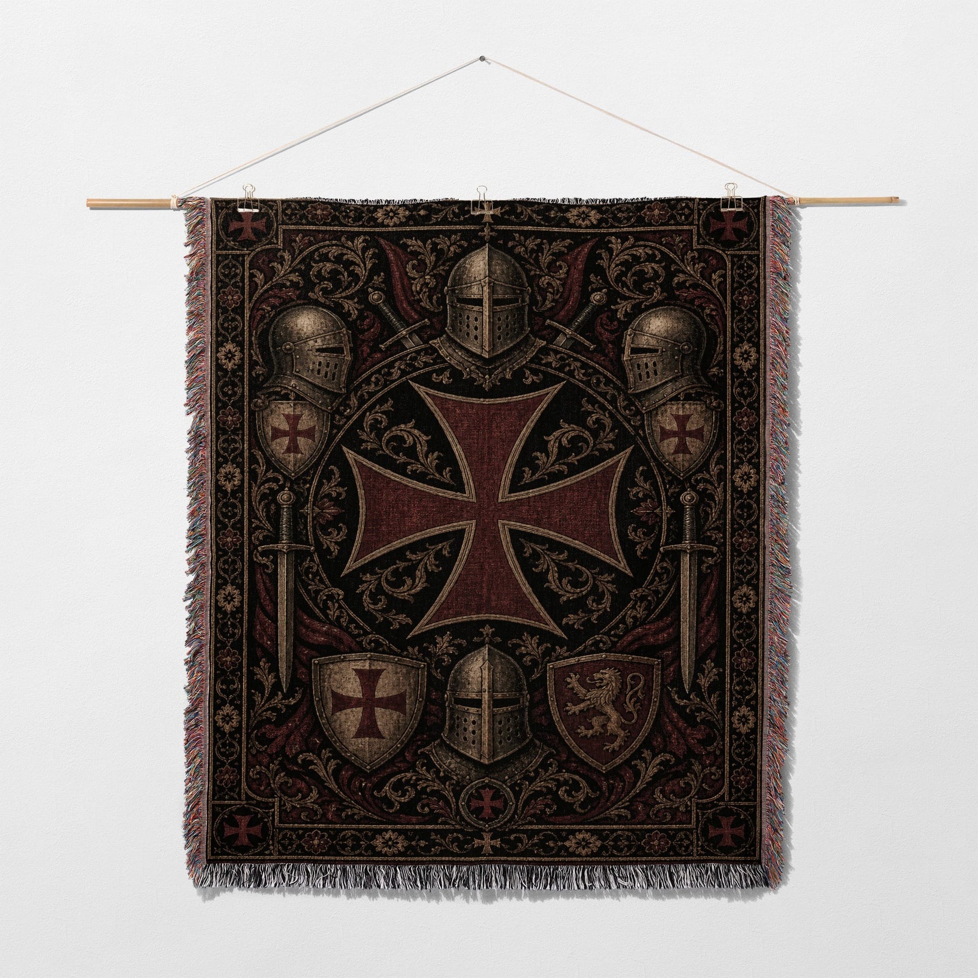 Tapestry featuring medieval knights' armor, helmets, swords, and a red templar cross.