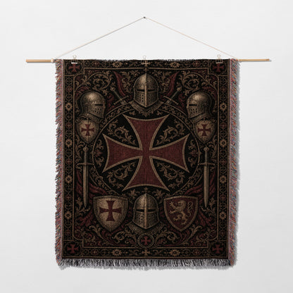 Tapestry featuring medieval knights' armor, helmets, swords, and a red templar cross.