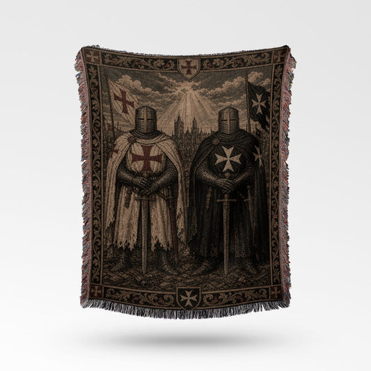 Tapestry blanket depicting two Templar Knights in ornate armor against a castle backdrop.