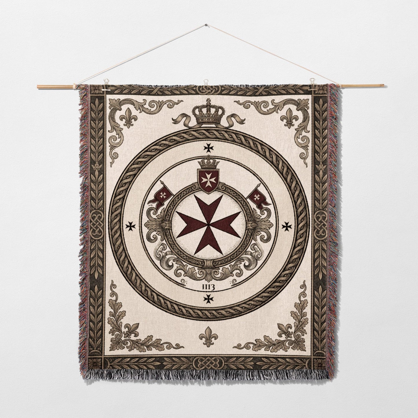 Tapestry featuring a Maltese cross emblem with crown, flags, 1113 text, and ornate border.