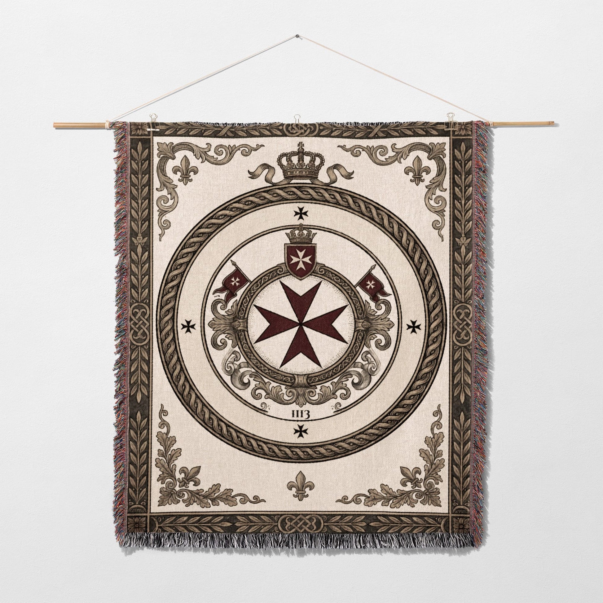 Tapestry featuring a Maltese cross emblem with crown, flags, 1113 text, and ornate border.