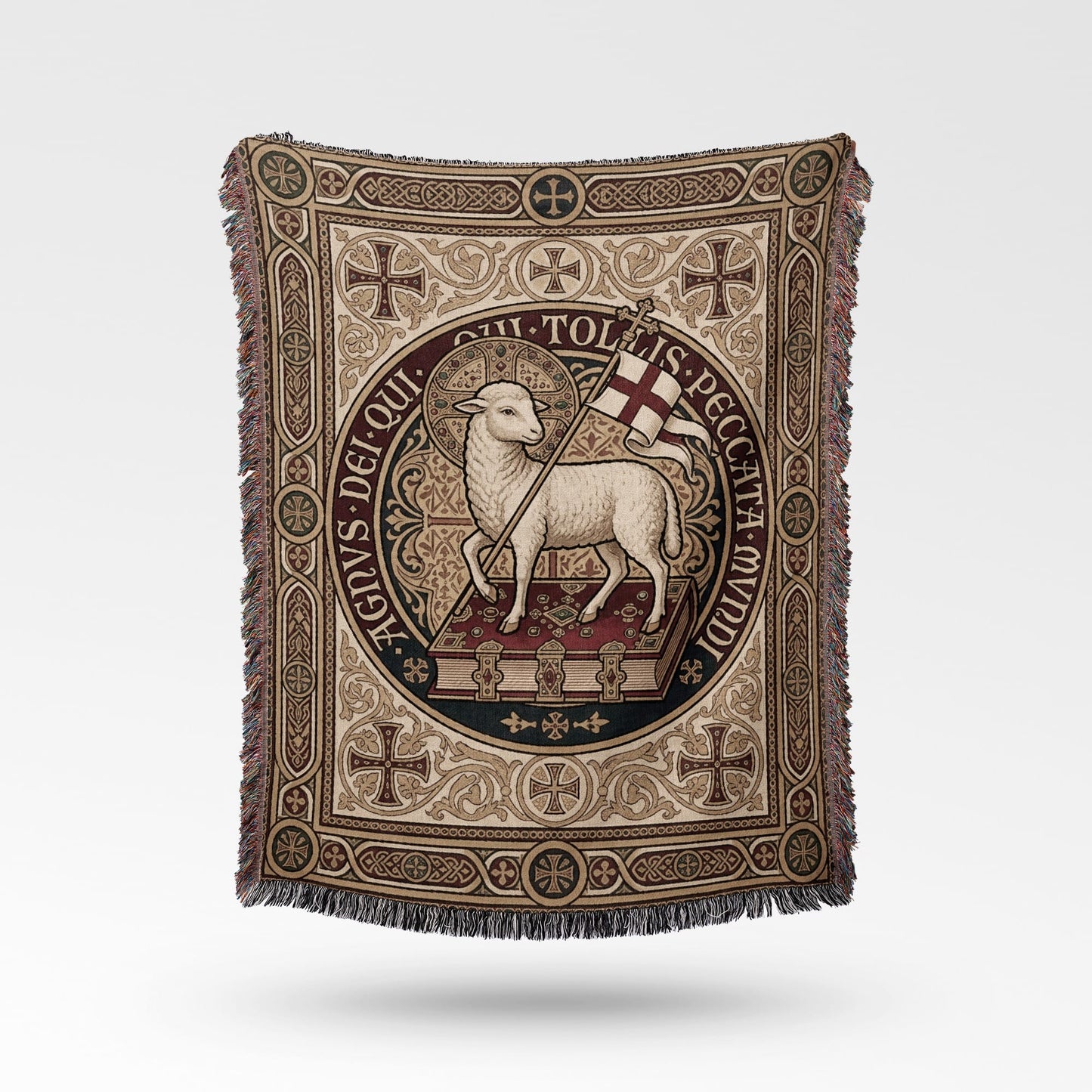 Lamb of God tapestry with Latin inscription on white background.