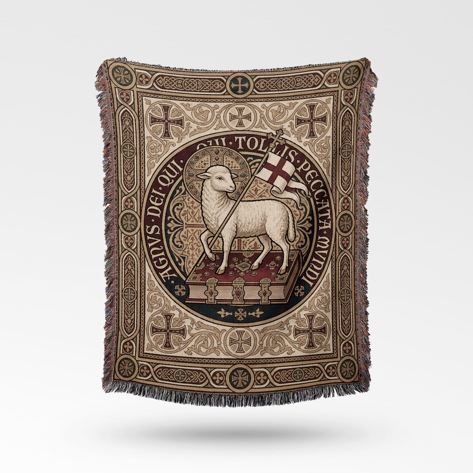 Lamb of God tapestry with Latin inscription on white background.