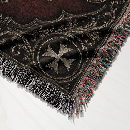 CalmNestStyle Medieval Blanket with Deus Vult Scroll – Crossed Swords Crusader Shields Woven Throw jacquard woven blanket