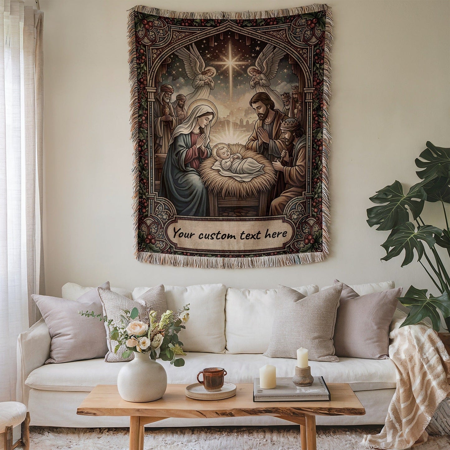 Personalized Nativity Scene Wall Tapestry Holiday Decor