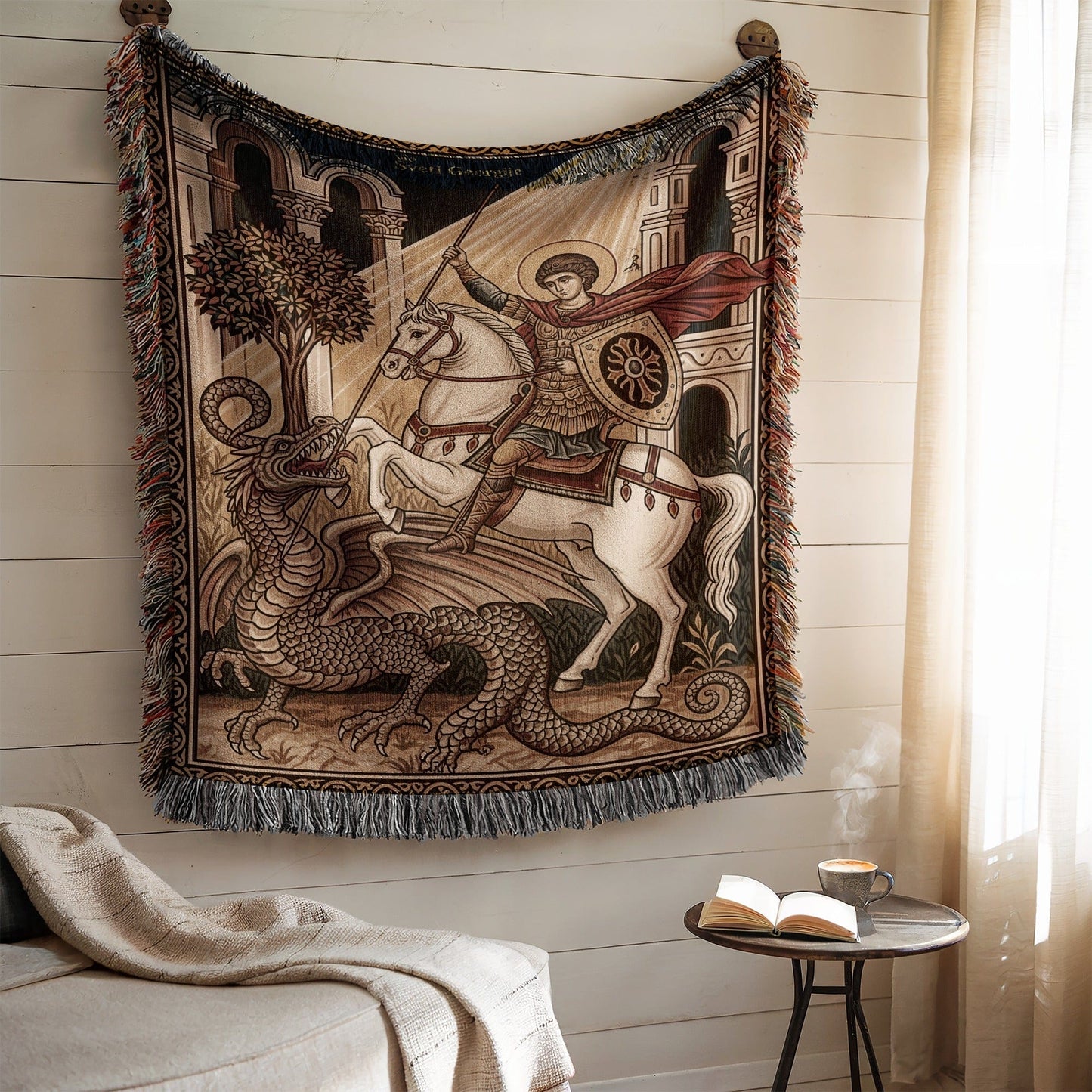 Knight Slaying Dragon Woven Wall Art Tapestry