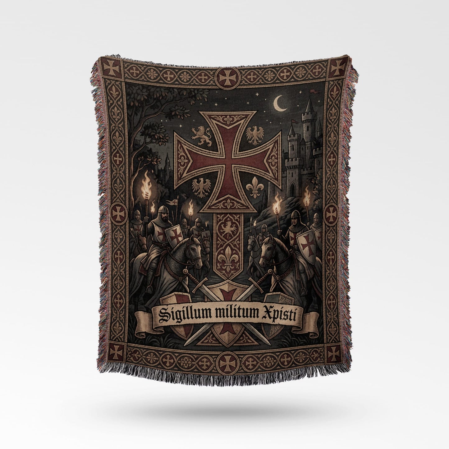 Tapestry with knights on horseback, a castle, and the Latin text "Sigillum militum Xpisti".