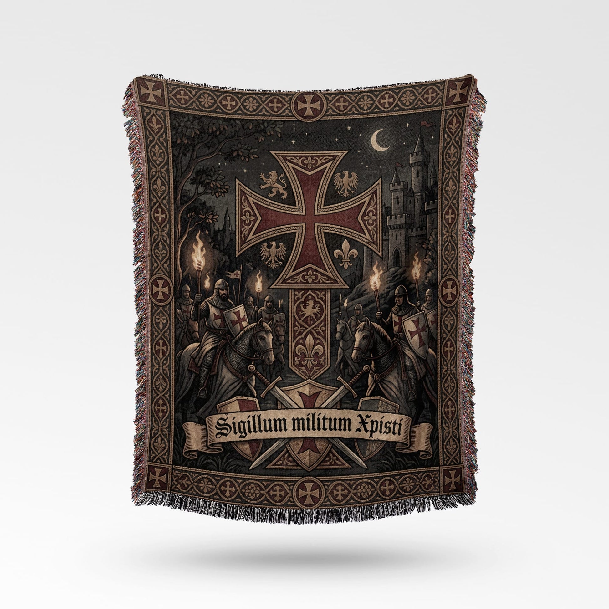 Tapestry with knights on horseback, a castle, and the Latin text "Sigillum militum Xpisti".