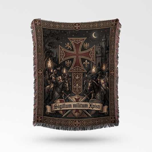 Tapestry with knights on horseback, a castle, and the Latin text "Sigillum militum Xpisti".