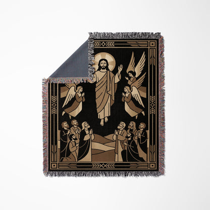Jesus ascending with angels, surrounded by praying figures on a woven blanket.
