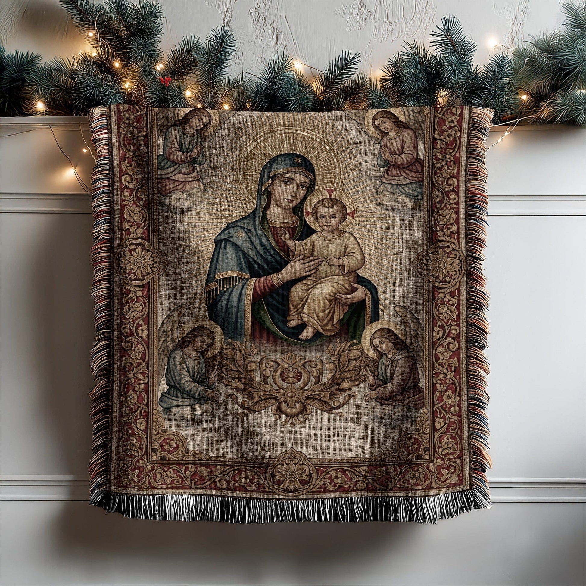 Virgin Mary Child and Angels Woven Blanket