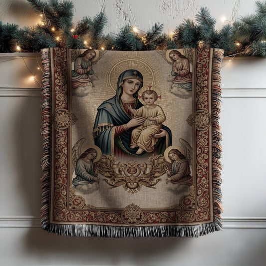 Virgin Mary Child and Angels Woven Blanket