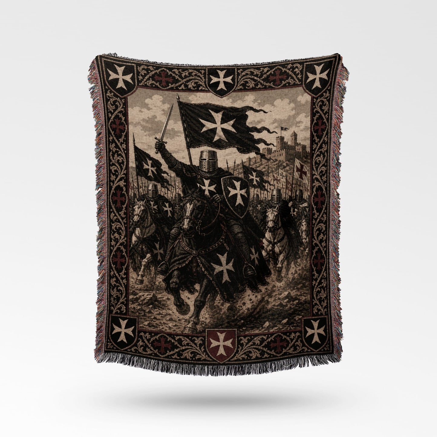 Knights Templar in battle with flags and crosses on a decorative woven blanket.