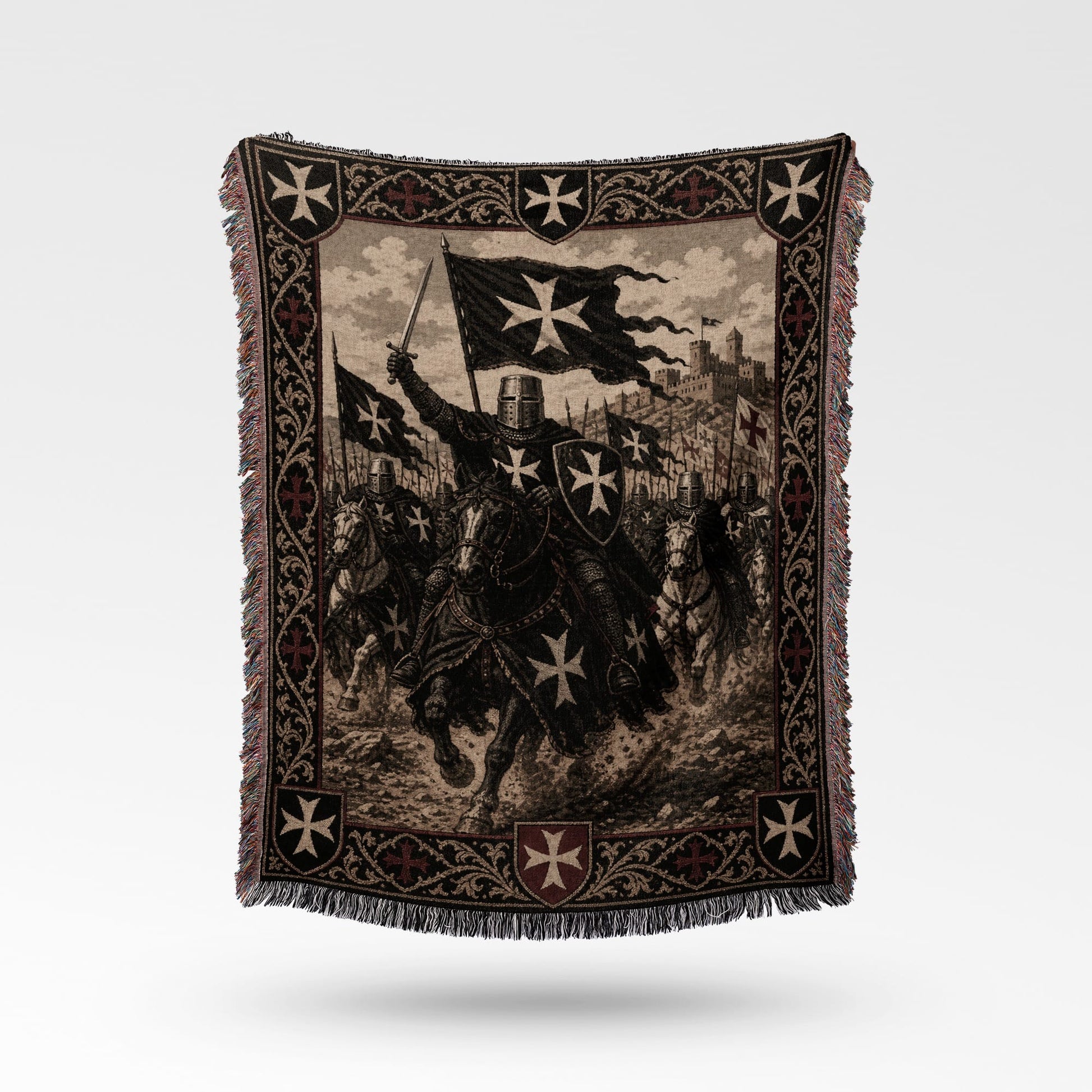 Knights Templar in battle with flags and crosses on a decorative woven blanket.