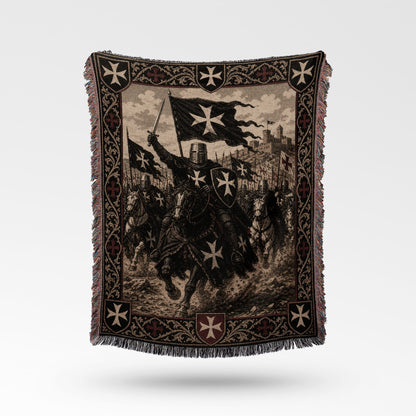 Knights Templar in battle with flags and crosses on a decorative woven blanket.