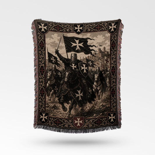 Knights Templar in battle with flags and crosses on a decorative woven blanket.