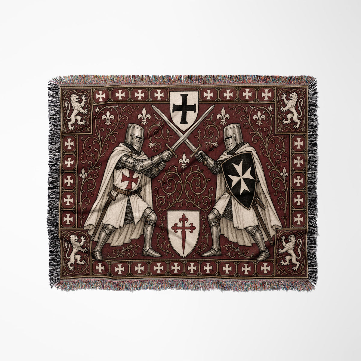 MyDesigns Medieval Knight Tapestry – Templar & Hospitaller Knights Duel Woven Blanket, Santiago Shield jacquard woven blanket
