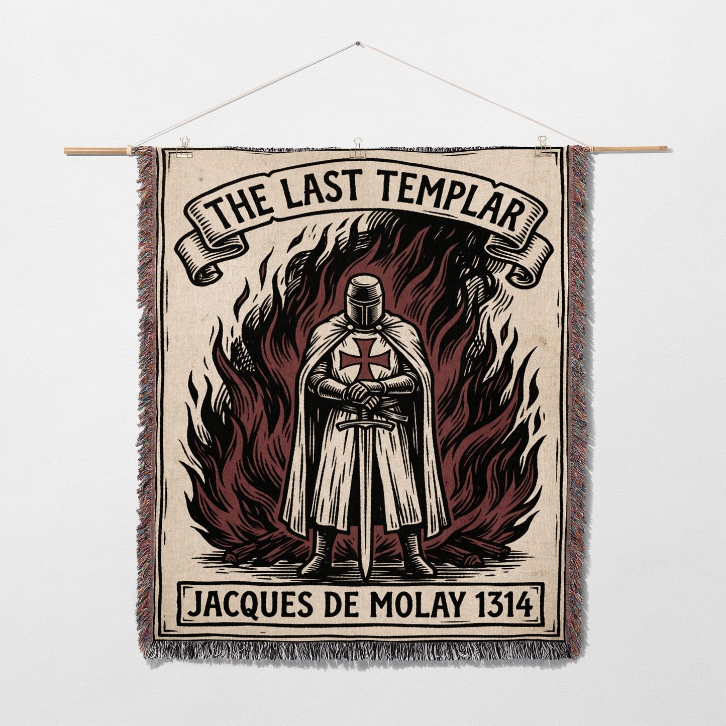 Tapestry depicting Jacques de Molay, the last Templar, in front of flames.